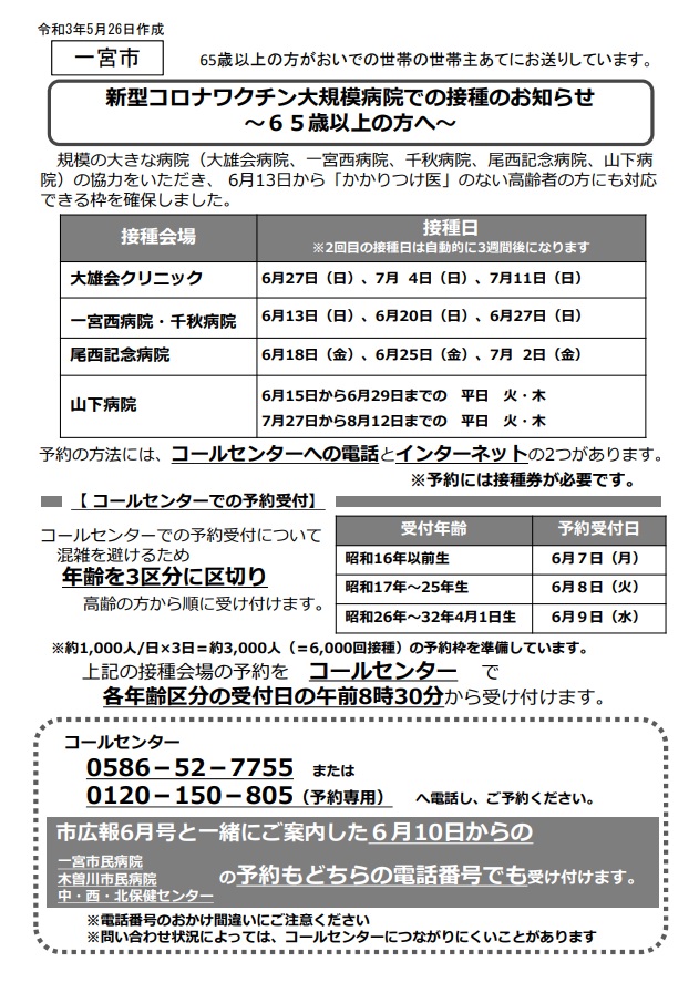 新型コロナワクチン大規模病院での接種日と予約方法が決まりました 一宮市議会議員 伊藤裕通 いとうひろみち 公式サイト